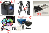 Assorted tech gear set including black projector, tripods, LED strip lights, and a light projector.