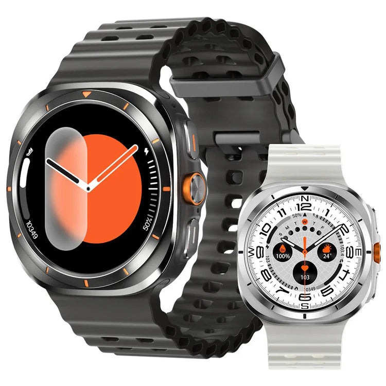Futuristic smartwatches with silicone bands, one in black with an orange digital display, one in white with an analog-style dial.