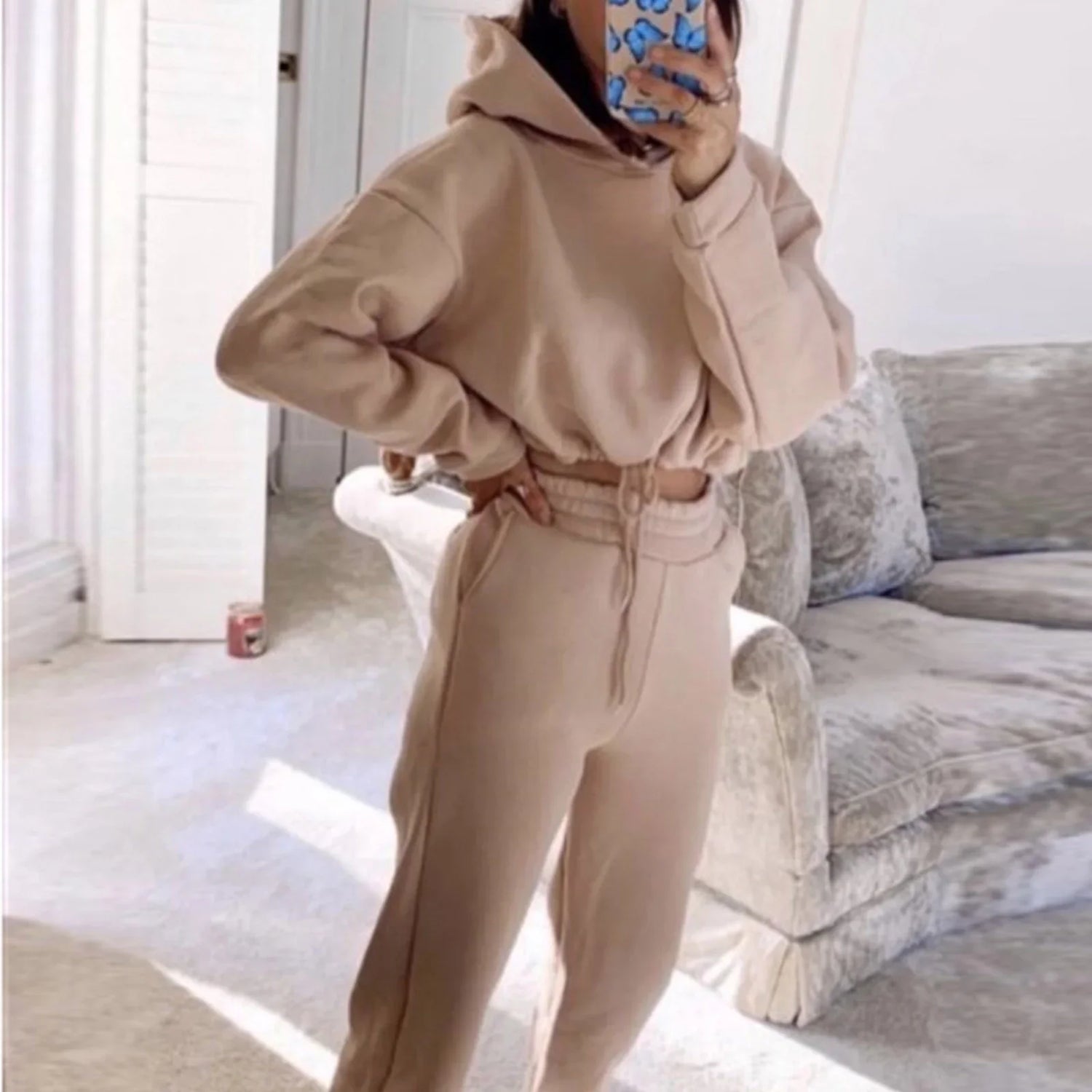 Beige fleece hoodie and joggers set, relaxed fit, cozy streetwear athleisure for women
