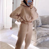 Beige fleece hoodie and joggers set, relaxed fit, cozy streetwear athleisure for women