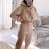 Beige fleece hoodie and joggers set, relaxed fit, cozy streetwear athleisure for women