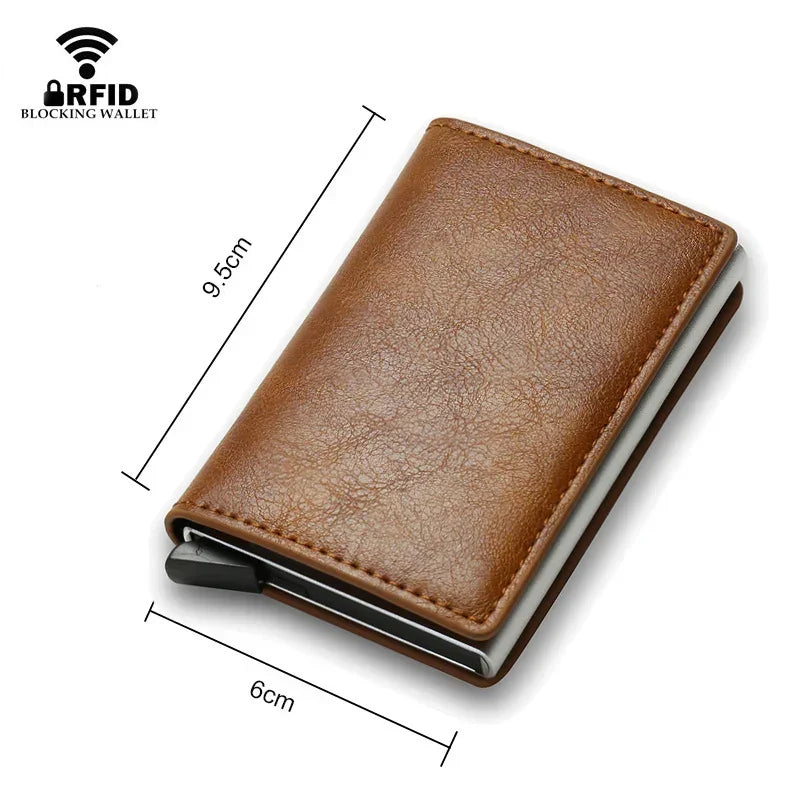 Brown leather RFID blocking wallet, compact size, slim minimalist design, 9.5x6cm