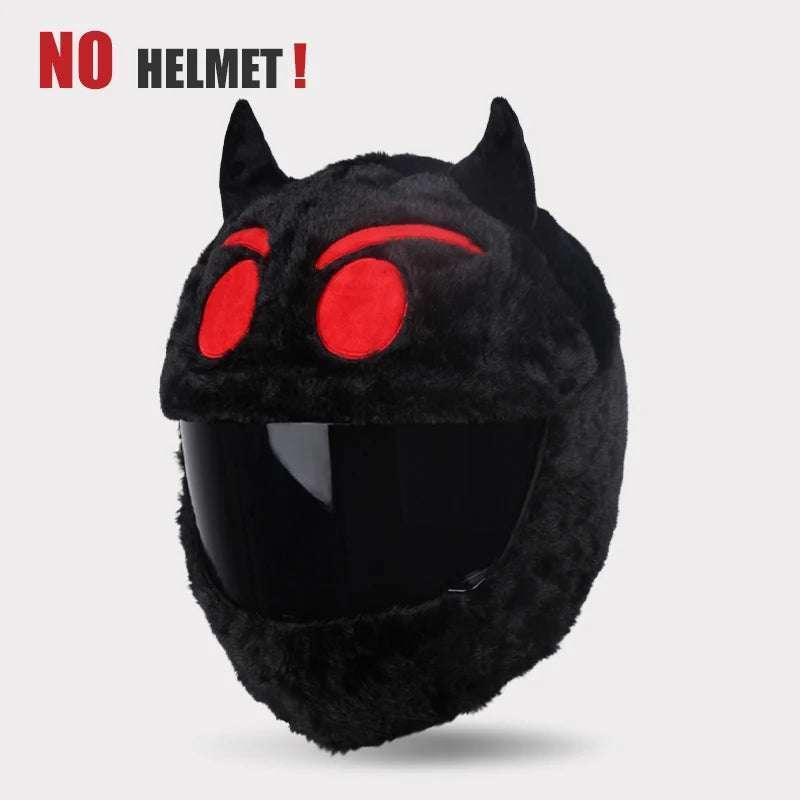 Black plush helmet cover with red devil eyes and horn details, futuristic streetwear accessory