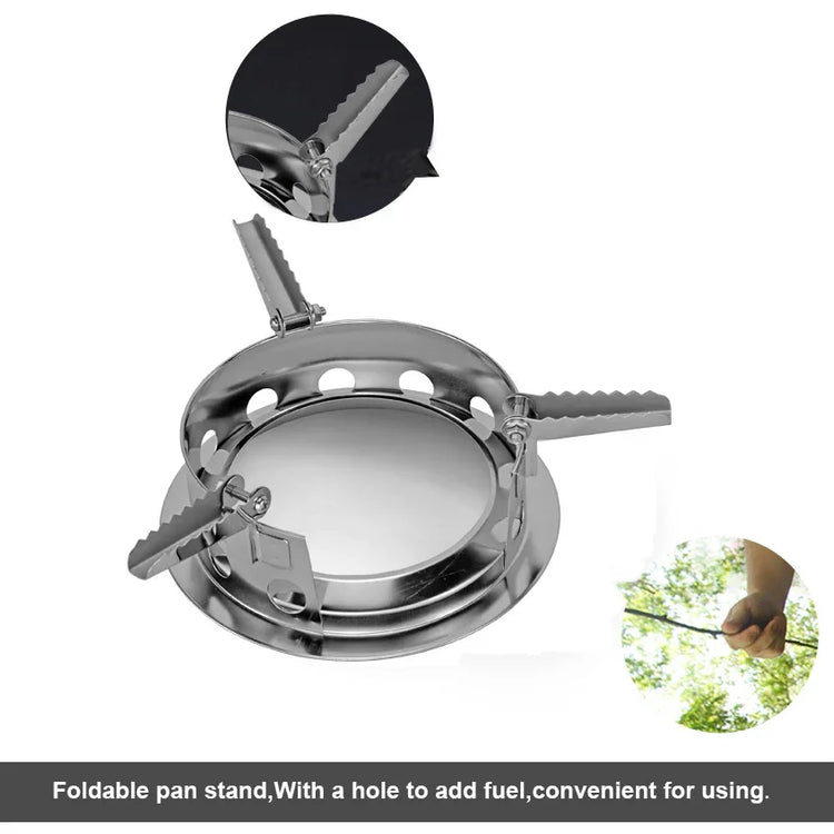 Stainless steel foldable pan stand with serrated arms for outdoor cooking.