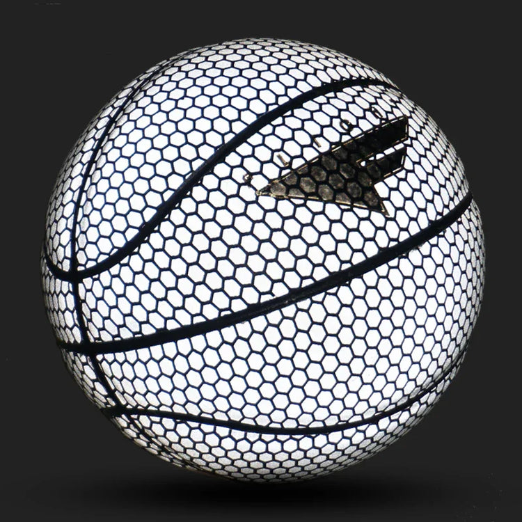 Reflective hexagon-patterned basketball with black lines and futuristic detailing