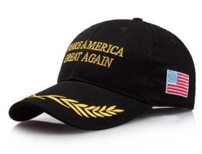 Black cotton baseball cap with gold embroidery, yellow text and American flag patch, curved brim