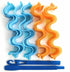Blue and orange wavy plastic hair curlers with two blue styling tools on white background.