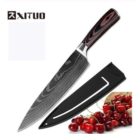 Stainless steel chef knife with dark wood handle, black protective sheath, and red cherries