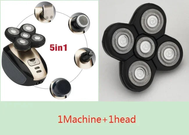 5-in-1 electric shaver with interchangeable rotary heads for grooming, black and gold, ergonomic design