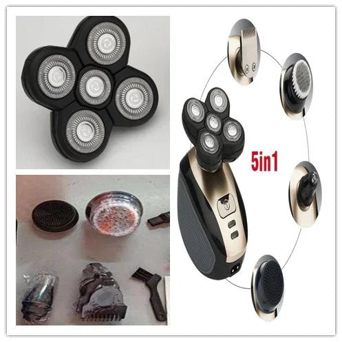 5-in-1 electric rotary shaver set with black and gold finish, interchangeable grooming heads