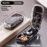 Compact black and clear pill cutter and storage case with lock design and medication inside.