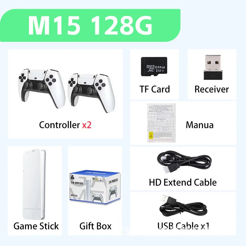 Wireless game console bundle with two white controllers, game stick, HD cable, USB cable, TF card, and receiver.