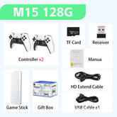 Wireless game console bundle with two white controllers, game stick, HD cable, USB cable, TF card, and receiver.