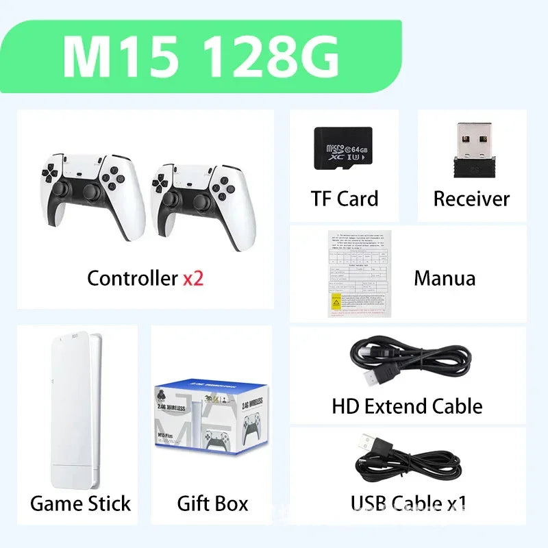 Wireless game console bundle with two white controllers, game stick, HD cable, USB cable, TF card, and receiver.