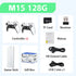 Wireless game console bundle with two white controllers, game stick, HD cable, USB cable, TF card, and receiver.