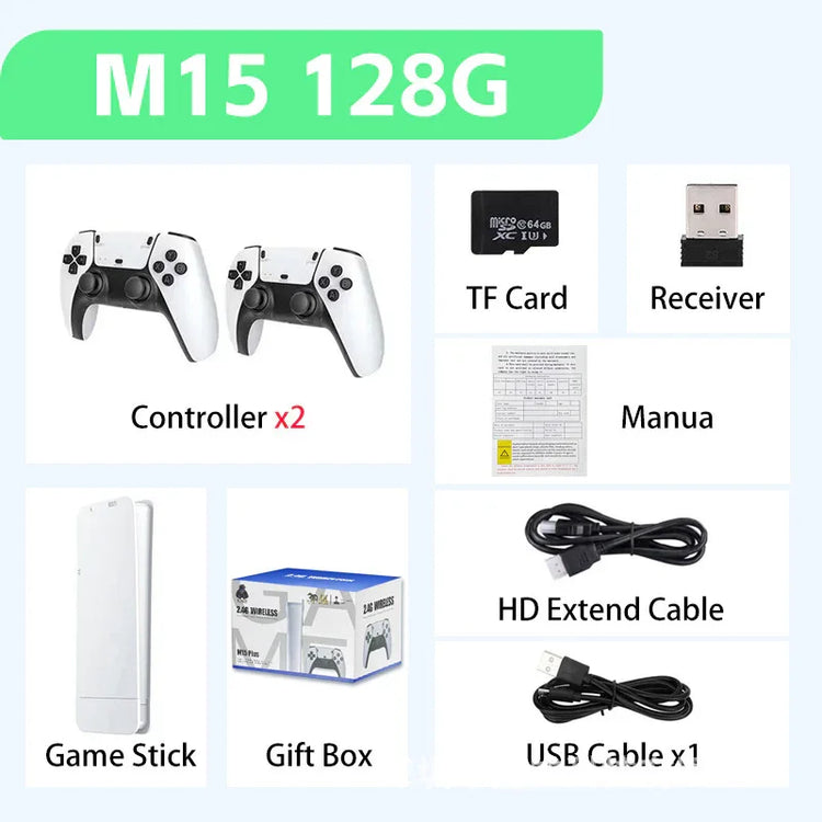 Wireless game console bundle with two white controllers, game stick, HD cable, USB cable, TF card, and receiver.