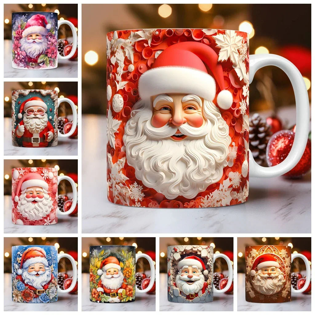Assorted ceramic mugs with festive Santa Claus designs in vibrant holiday colors.