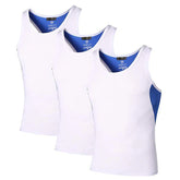Set of three white sleeveless tank tops with blue side panels, slim fit cotton blend.