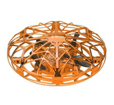Futuristic orange drone with cage-like metal frame and compact propellers