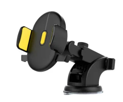 Black and yellow adjustable car phone holder with suction cup mount, modern tech accessory.