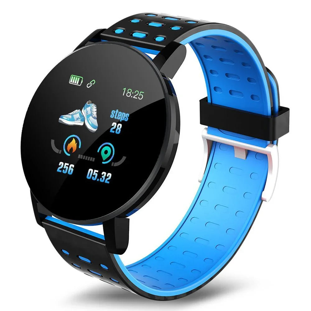 Black and blue silicone fitness smartwatch with round digital display and step tracker.