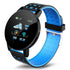 Black and blue silicone fitness smartwatch with round digital display and step tracker.