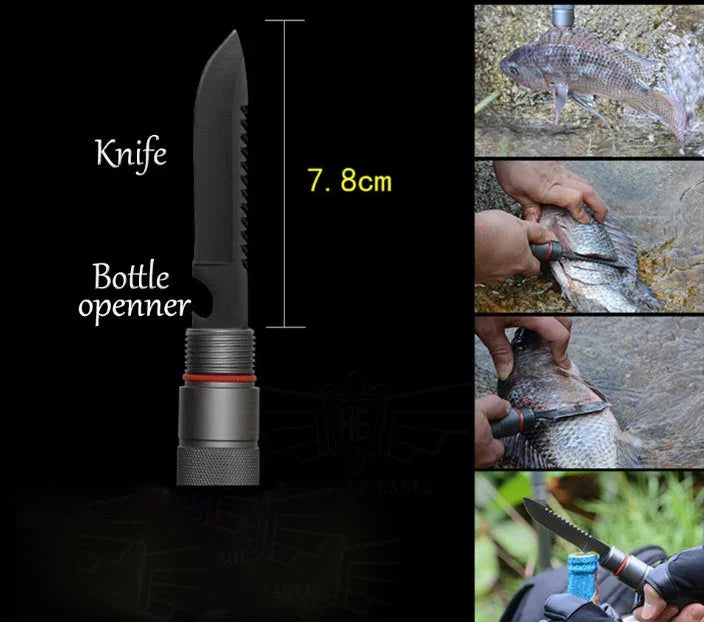 Compact black survival knife with serrated edge and bottle opener, 7.8cm, used for fishing and outdoor tasks.