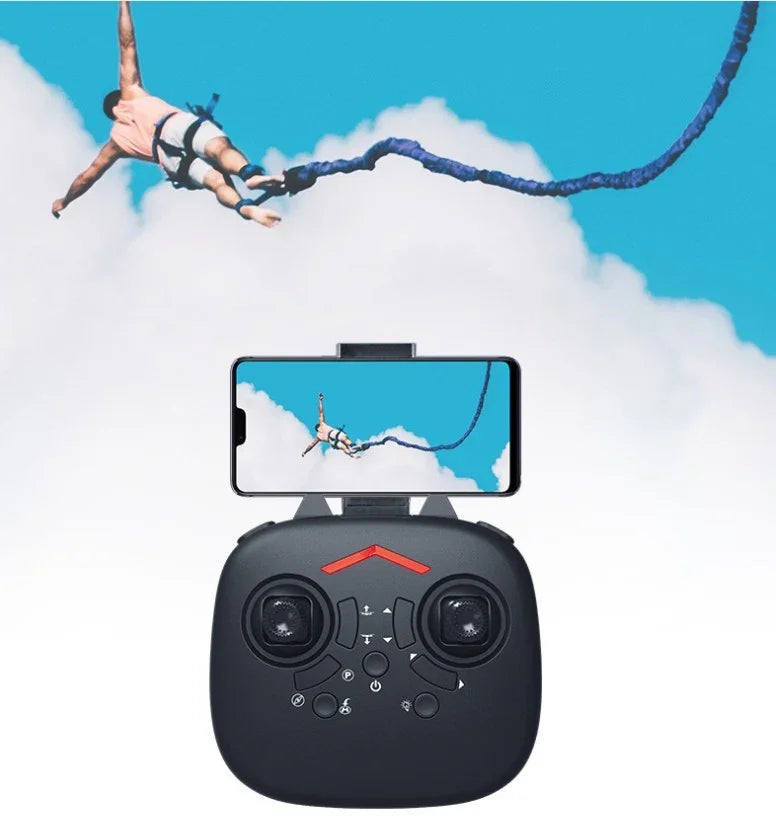 Man in casual athletic wear bungee jumping, shown on smartphone screen above black remote control.