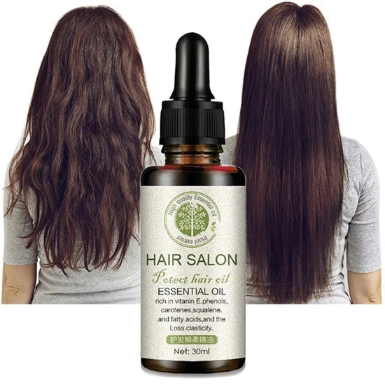 Before and after of a person with long brown hair, showing transformation from frizzy to smooth, straight hair, with a bottle of hair salon essential oil in the foreground.