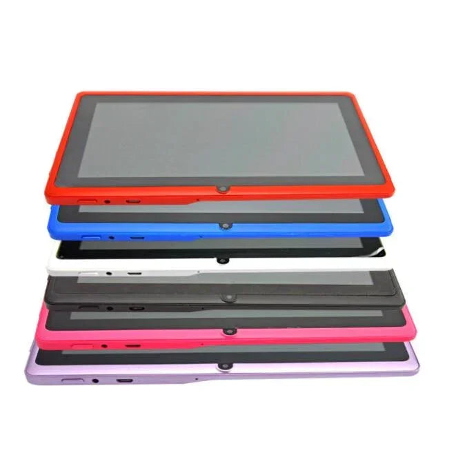 Stack of slim tablets with colorful plastic cases in red, blue, white, black, pink, and purple