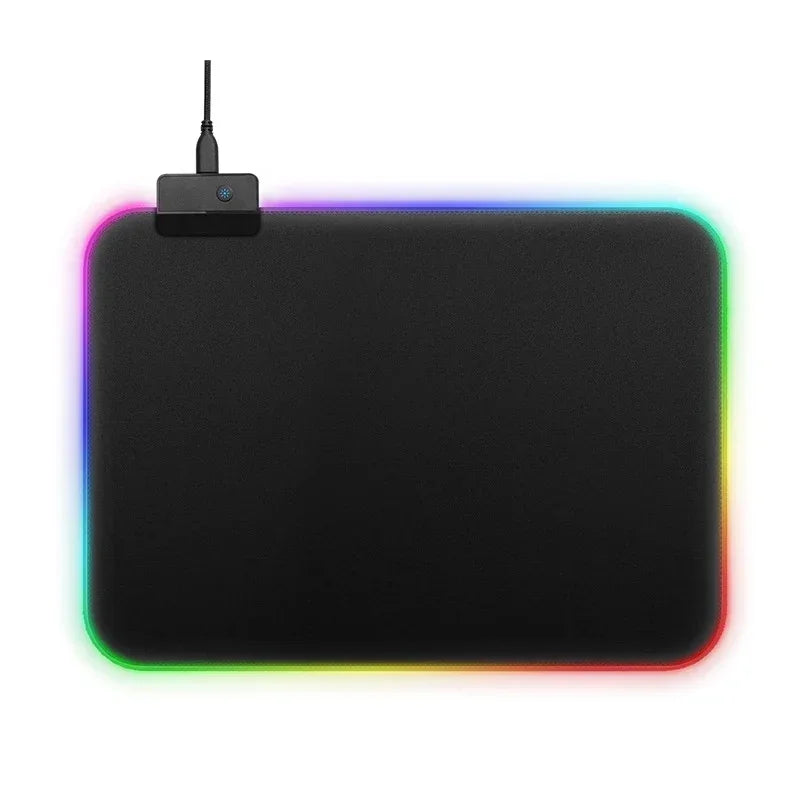 Black rectangular mouse pad with RGB LED light border and smooth surface, wired connection