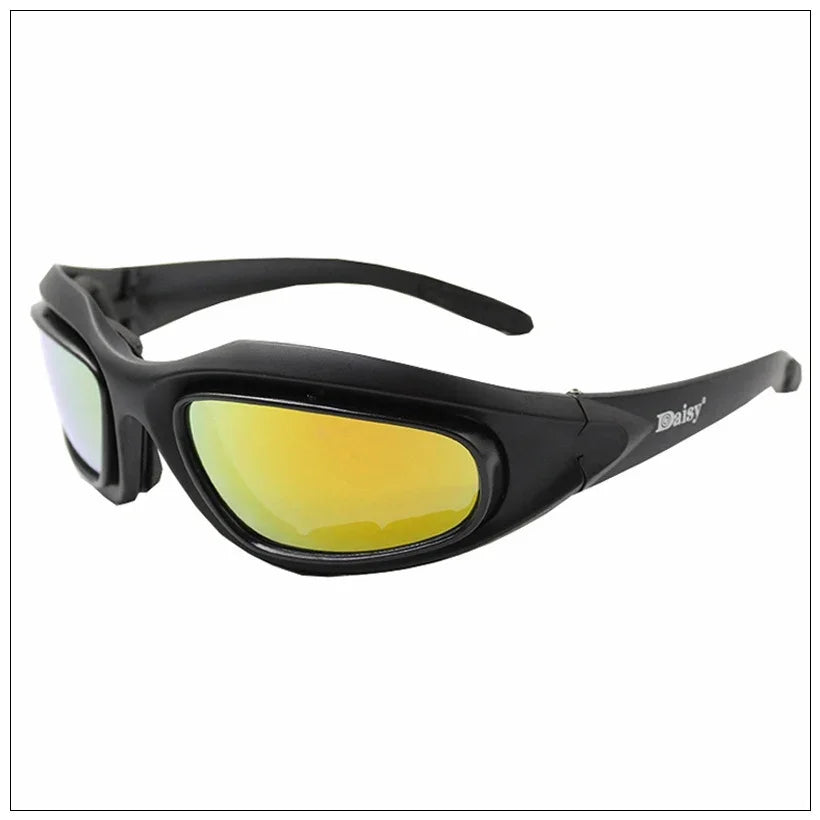 Black wraparound sunglasses with yellow mirrored lenses, sporty streetwear accessory