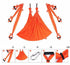 Bright orange aerial yoga swing set with adjustable straps, handles, and metal carabiner.