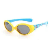 Yellow and blue oval sunglasses with cartoon print, plastic frame, and dark tinted lenses.