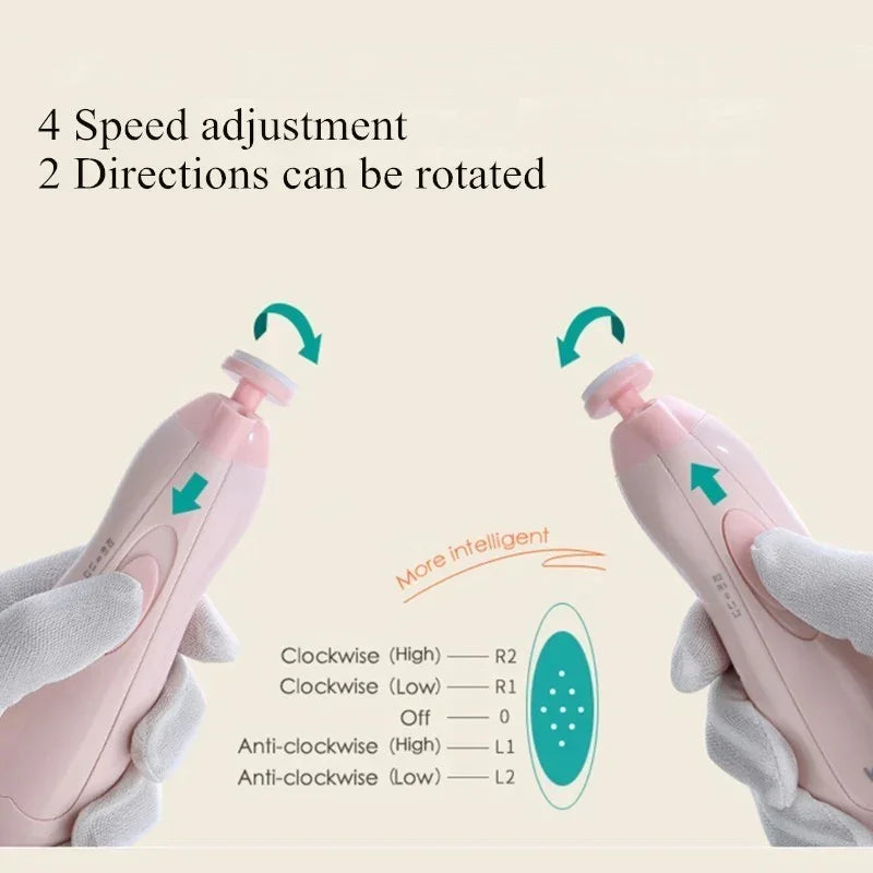 Pink electric nail care tool with four speed settings and dual rotation directions, held by gloved hand