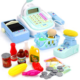 Colorful toy cash register set with plastic play food, coins, and shopping accessories