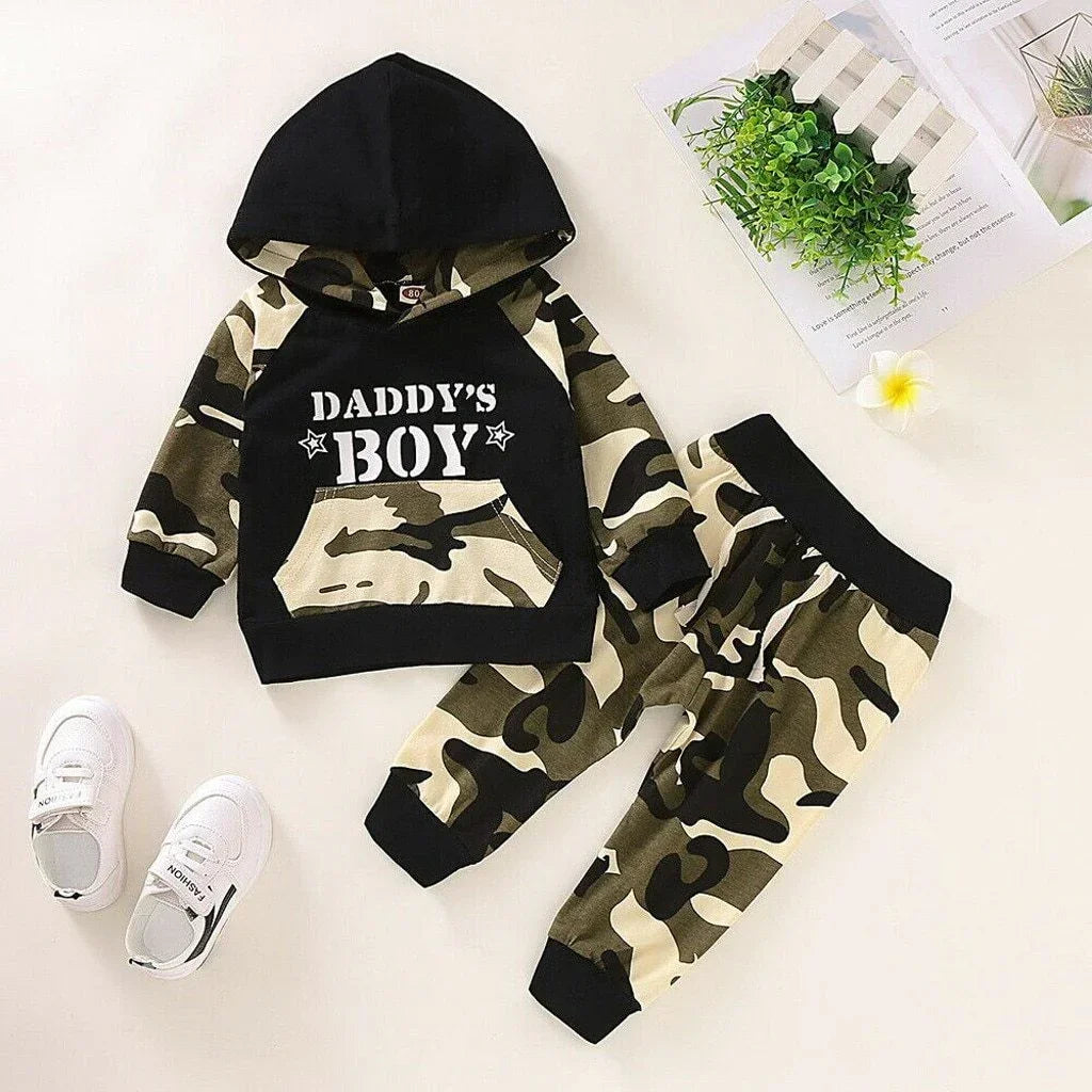 Toddler hooded sweatshirt and jogger pants set in green camouflage, relaxed fit, cotton blend.