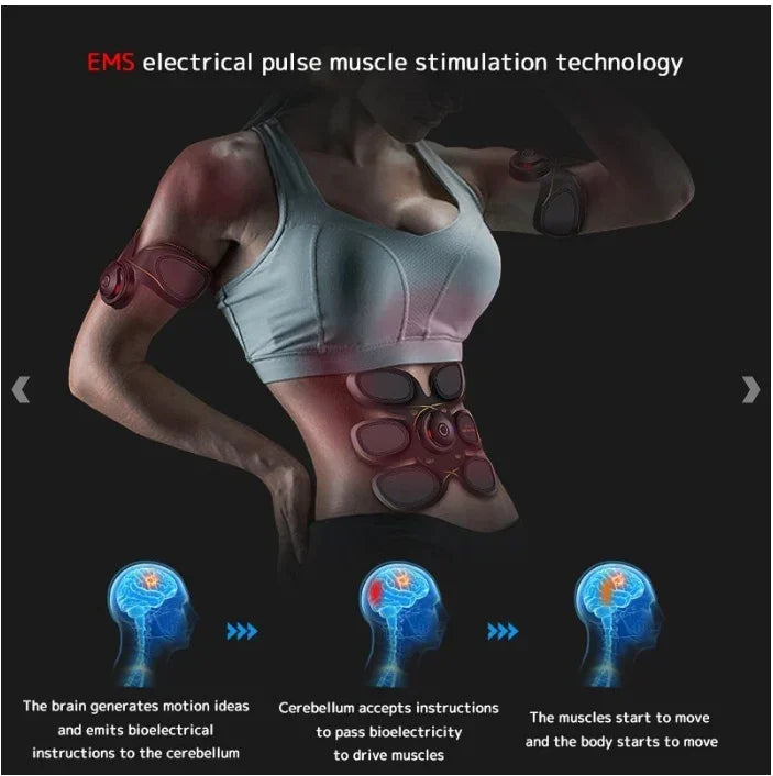 Woman wearing a white sports bra and fitted shorts using EMS muscle stimulation devices on arms and abdomen