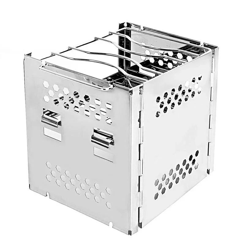 Stainless steel foldable portable grill with hexagonal vent holes and open top design.