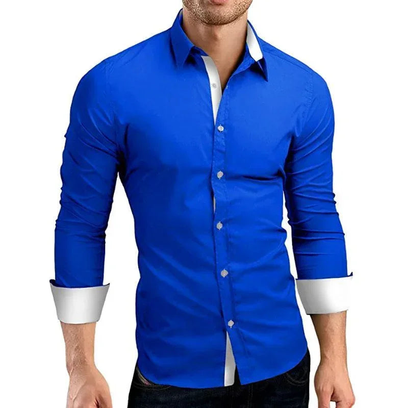 Men's slim fit long sleeve blue dress shirt with white cuffs and collar accents