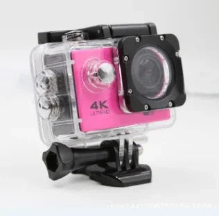 Pink 4K action camera in clear waterproof case with black mount, side view