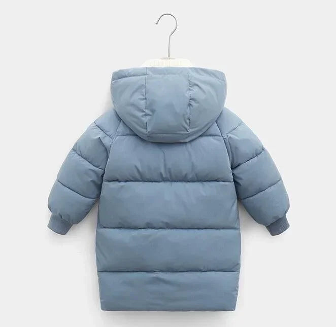 Light blue puffer jacket with hood, long sleeves, quilted design, relaxed fit