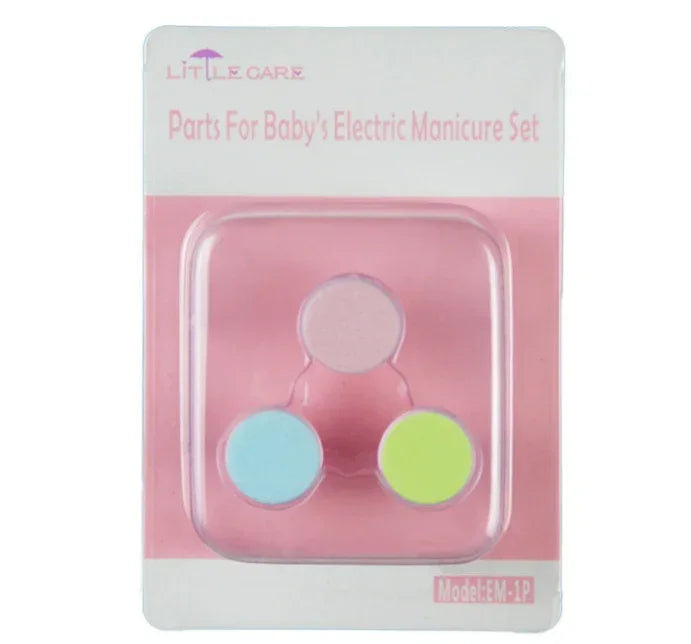 Three colorful round replacement pads for baby's electric manicure set in pink packaging