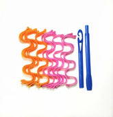 Curly orange and pink hair curlers with two blue plastic styling hooks on white background