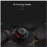Black muscle stimulator device with soft electrode pads, gold accents, and central control unit