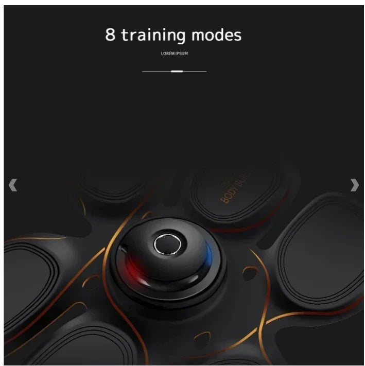 Black muscle stimulator device with soft electrode pads, gold accents, and central control unit