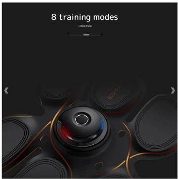 Black muscle stimulator device with soft electrode pads, gold accents, and central control unit