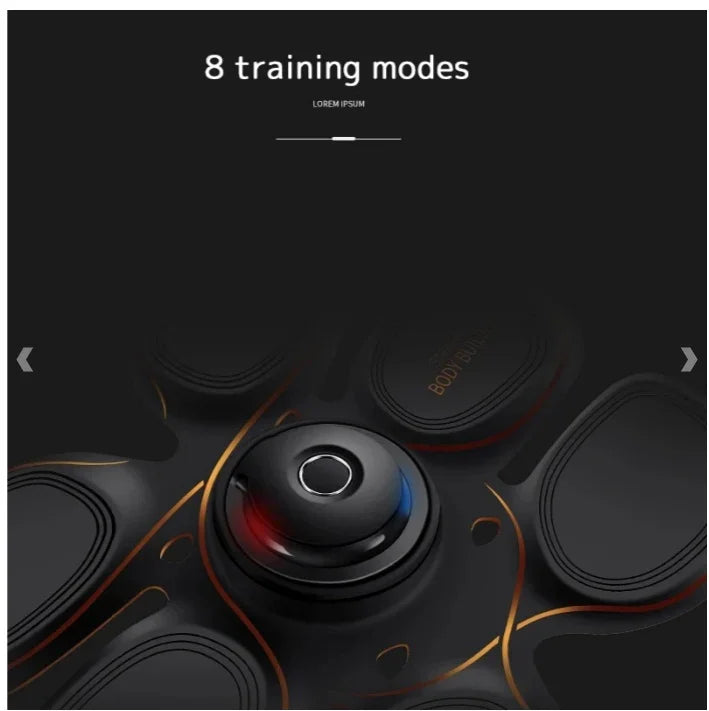 Black muscle stimulator device with soft electrode pads, gold accents, and central control unit