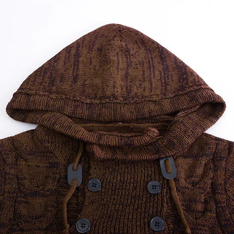 Brown knit hooded sweater with button details, thick material, relaxed fit