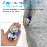 Compact handheld electric shaver with metallic finish, shown in hand and in a gray sweatpant pocket.